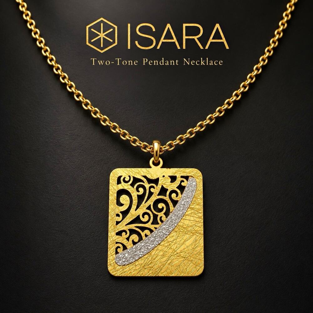 ISARA Two-Tone Rectangle Charm Pendant Necklace Gold/Silver Tone Cable Chain